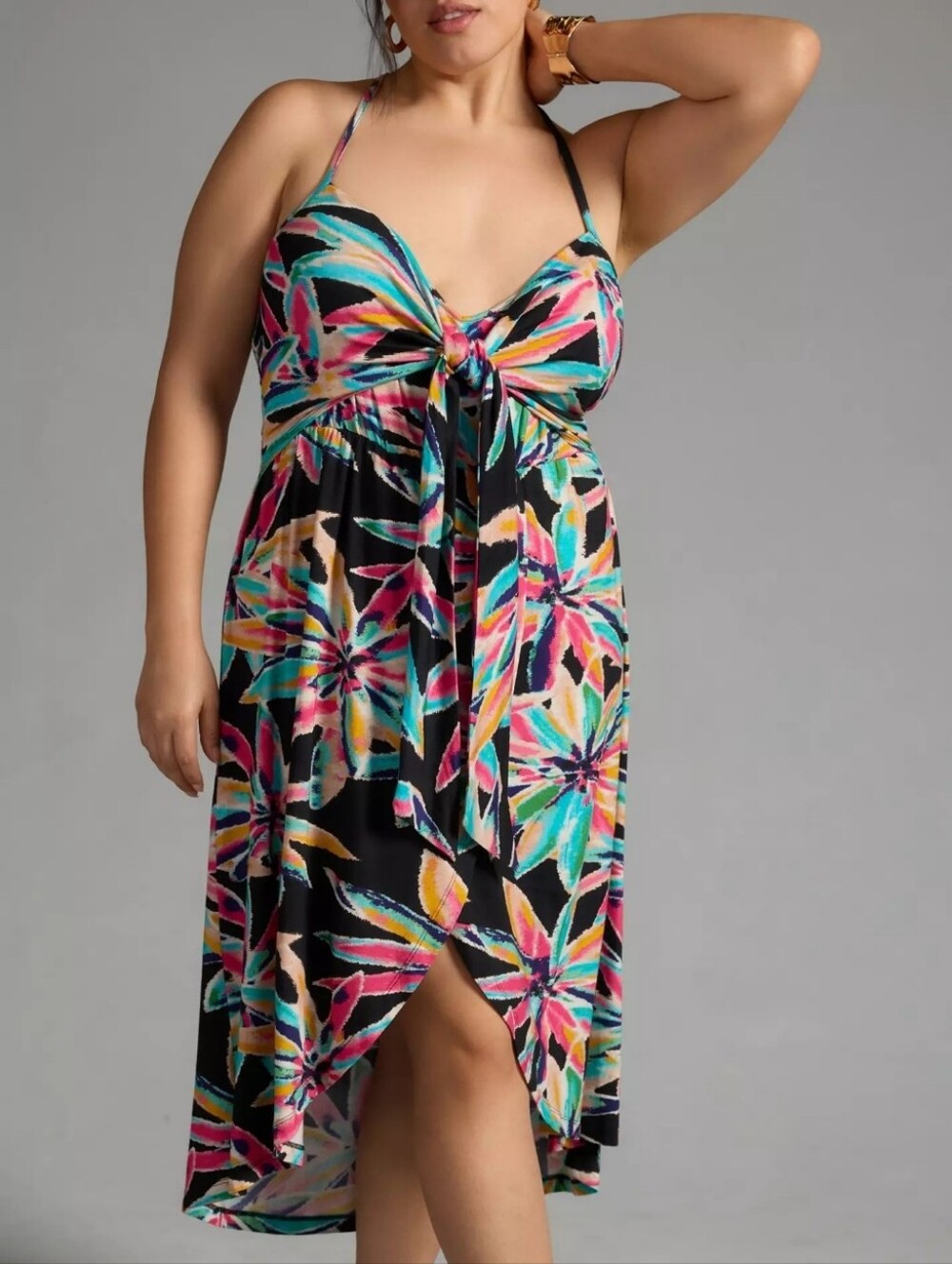 By Anthropologie Multicolor Black Pink Floral Twist-Front Cover-Up Dress Medium - Picture 5 of 14